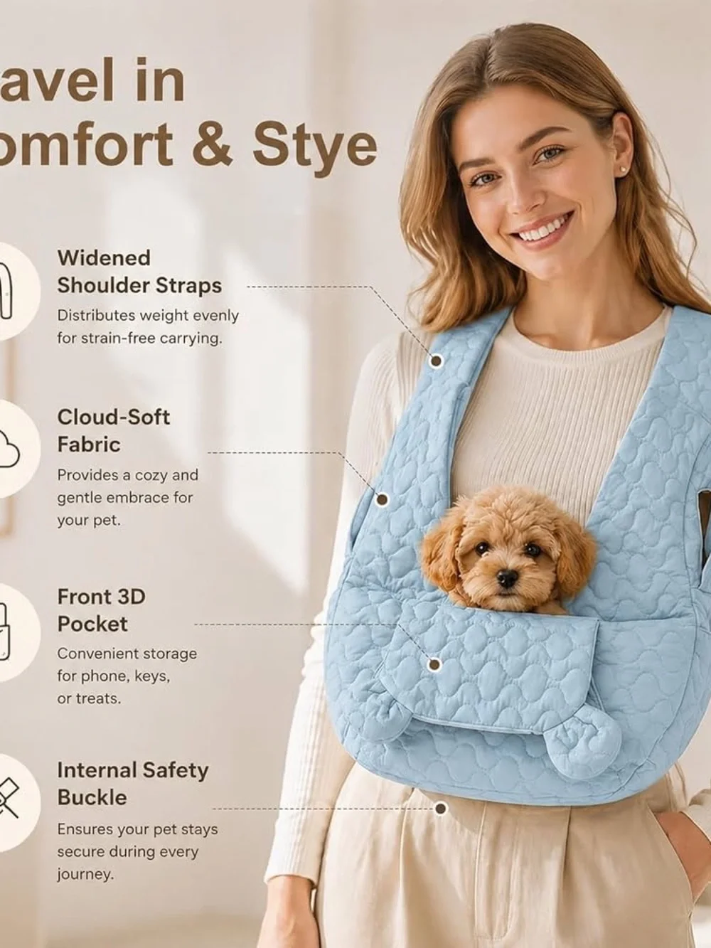 Quilted Front Pet Carrier Slings Bag for Small Dogs & Cats – Pastel Blue